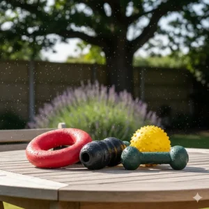 A selection of sturdy, puncture-resistant natural rubber toys for heavy chewers on a clean background.