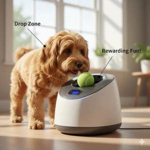 A small dog successfully dropping a ball into the wide hopper of an automatic ball launcher.