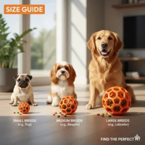 Size guide comparing different treat dispensing ball for dogs diameters for small breeds like Pugs and large breeds like Labradors.