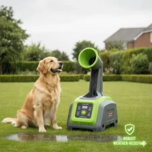 A robust, weather-resistant ball launcher designed to perform reliably in damp or rainy British outdoor conditions.