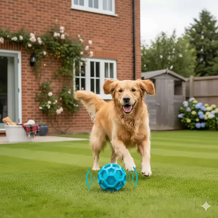 A happy Golden Retriever playing with a blue wiggle giggle ball on a neatly striped green lawn in a British garden. wiggle giggle ball