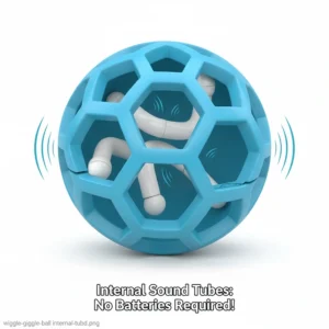 A photorealistic close-up showing the internal tubes of a wiggle giggle ball that create fun noises without the need for batteries.