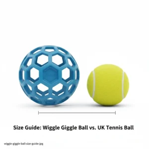 A size comparison of the wiggle giggle ball positioned next to a standard UK tennis ball to show scale for pet owners.