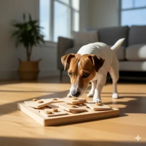 A Jack Russell Terrier sliding wooden compartments on a level 2 dog puzzle board to find hidden rewards.