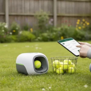An automatic ball launcher for dogs being programmed via a tablet in a suburban British garden.