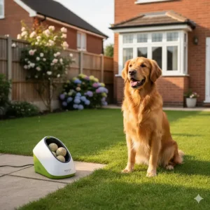 A Golden Retriever waiting expectantly next to an automatic ball launcher in a back garden.