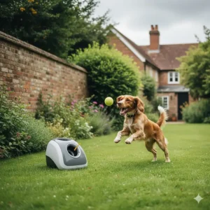 An automatic ball launcher set up in a British garden for independent play and exercise.
