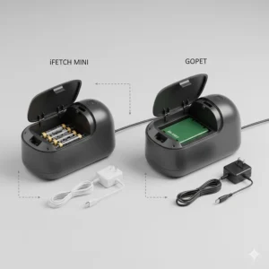 A detailed view of the internal battery compartments and UK three-pin mains power adapters for both iFetch and GoPet models.
