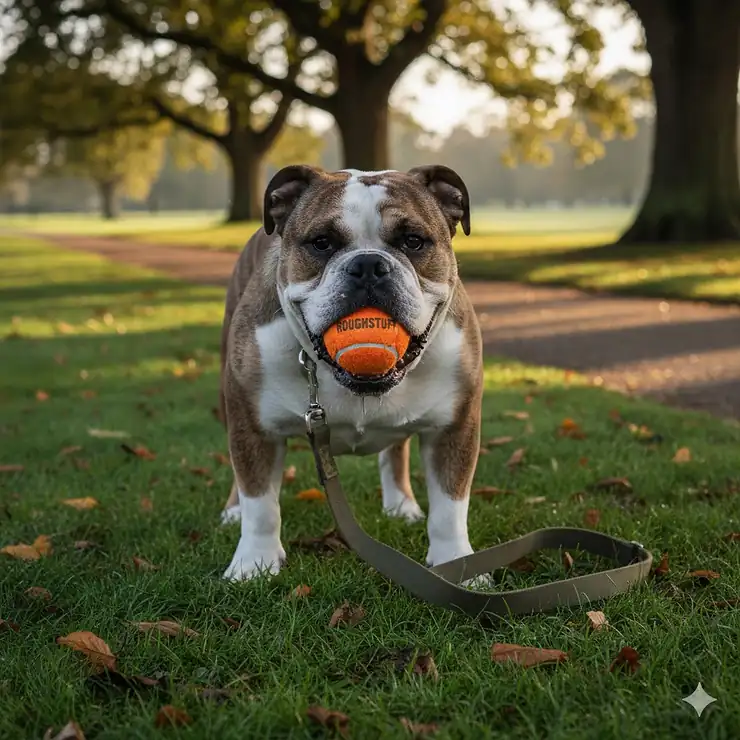 A durable, extra-thick tennis ball for aggressive chewers held by a large dog in a British park. tennis balls for aggressive chewers