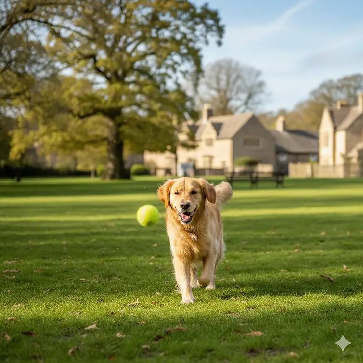 A happy Golden Retriever fetching a bright yellow tennis ball in a lush green British park with traditional stone houses in the background. tennis balls for dogs