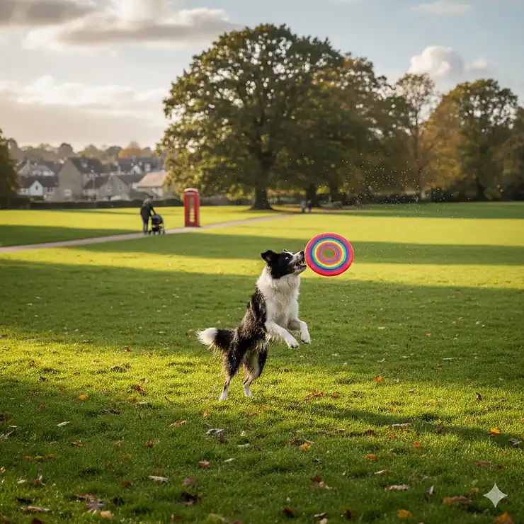 A high-energy Border Collie jumping to catch a colourful frisbee in a green British park, illustrating the best toys to tire out energetic dogs. toys to tire out energetic dogs