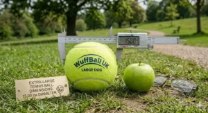A German Shepherd dog running through a British garden chasing a large high-visibility tennis ball.