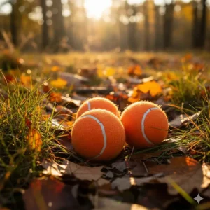 Three high-visibility orange tennis balls for dogs nestled in fallen autumn leaves and long grass in a British woodland.