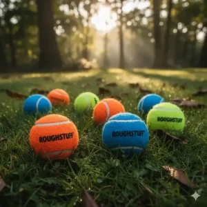High-visibility orange and yellow tennis balls for dogs, easy to find in long grass or UK woodland.