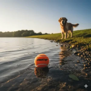 A waterproof tennis ball for aggressive chewers floating in water, ideal for British coastal or lakeside walks.