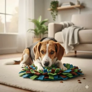 A Beagle appearing relaxed and focused while foraging, highlighting the calming effect of a snuffle mat.