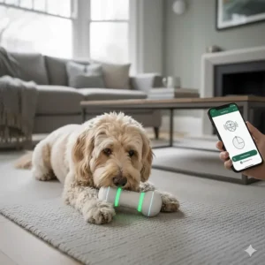 A Cockapoo nudging an app controlled smart bone toy on a rug in a contemporary home.