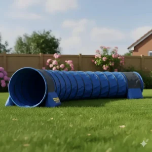 A heavy-duty, collapsible blue dog agility tunnel extended on a grass surface.