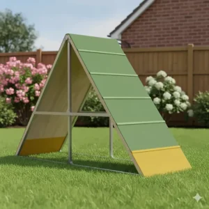 A compact A-frame ramp designed for home use, featuring rubberised grip for safety.