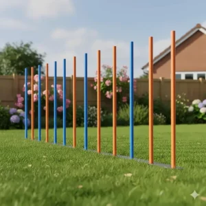 A set of twelve blue and orange dog agility weave poles staked into a lawn for home practice.