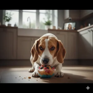 A Beagle focused on a frozen enrichment toy to help manage separation anxiety while the owner is out.