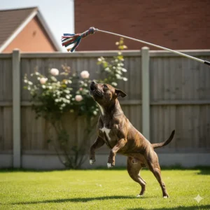 An owner using a flirt pole toy to encourage a Staffy to chase and jump, burning off excess energy.