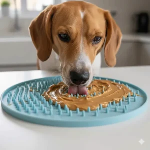 A Beagle using a blue silicone lick mat covered in dog-friendly peanut butter to encourage soothing repetitive licking behaviour.
