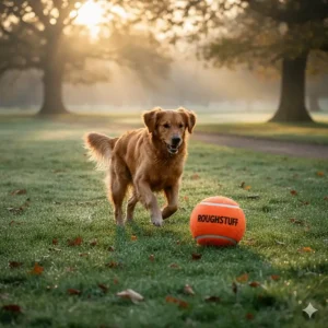 A Golden Retriever fetching a heavy-duty tennis ball in a typical British green space.