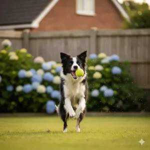 A Border Collie jumping to catch a tennis ball mid-air in a typical British back garden with a wooden fence and flowering shrubs.