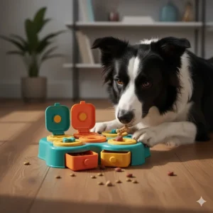 A Border Collie focused on solving a colourful treat-dispensing puzzle toy on a wooden floor for mental stimulation.