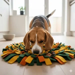 A close-up of a felt snuffle mat used for canine scent work and slow feeding.