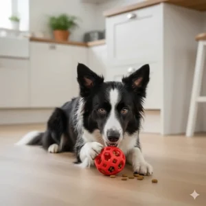 A Border Collie using a treat-dispensing rubber toy to stay entertained and prevent boredom.