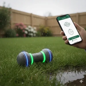 A durable, water-resistant app controlled dog toy designed for outdoor play in British weather.