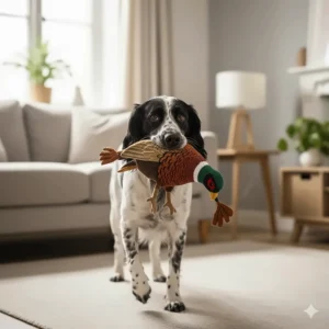 A spaniel carrying a reinforced plush pheasant toy, showing a durable option for indoor play.