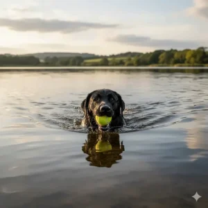 A black Labrador swimming in a calm British lake, retrieving a floating yellow tennis ball from the water.