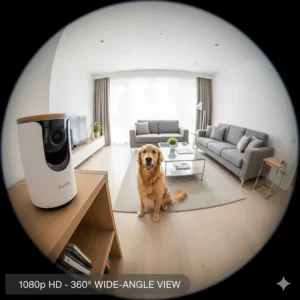 A wide-angle 1080p HD view of a lounge captured by the Furbo dog camera, showing the full room layout.