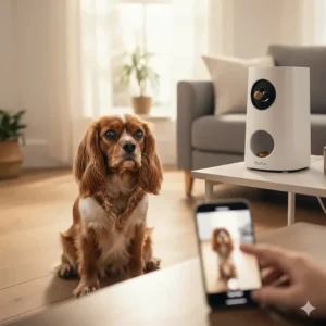 A worried Spaniel looking at the Furbo camera while the owner uses the dispenser to provide comfort and distraction.
