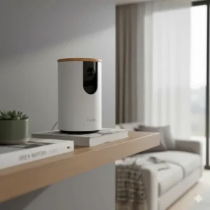 The sleek, white Furbo dog camera with a bamboo wood lid blending into a modern British flat interior.