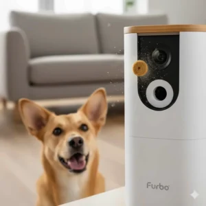 Close-up of the Furbo dog camera dispensing a small round treat for a dog to catch.