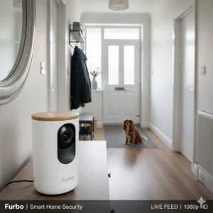 The Furbo dog camera acting as a home security device, capturing a clear view of the entryway and hallway.