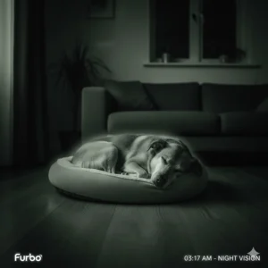 Clear black and white night vision footage from a Furbo camera showing a dog sleeping on its bed at night.