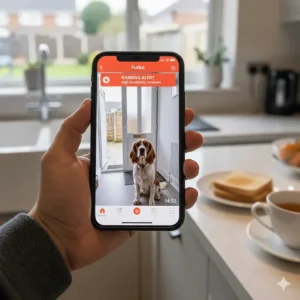 An iPhone screen showing a real-time barking alert notification from the Furbo app while the owner is out.