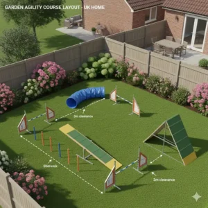 A diagram showing how to safely arrange dog agility equipment in a medium-sized UK garden.