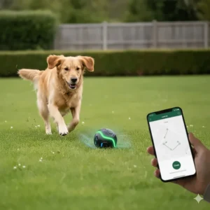 A Golden Retriever chasing a robotic dog toy controlled by an owner using a smartphone app.