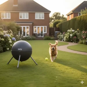 A Golden Retriever fetching a ball launched by a GoPet machine across a large, lush green garden in the British countryside.