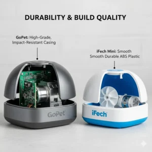 An internal cutaway view showing the high-grade impact-resistant casing and motor components of the GoPet versus the iFetch.