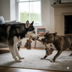 Two dogs playing tug-of-war with a heavy-duty cotton rope toy on a living room rug.