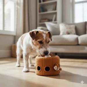 A small terrier pulling plush squirrels out of a soft fabric trunk, an interactive toy for mental stimulation.
