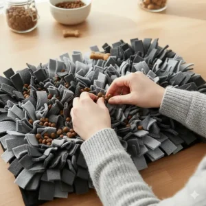 A person’s hands hiding dry dog food and biscuits inside the layers of a grey snuffle mat.
