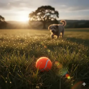 A high-visibility orange squeaky tennis ball for dogs, making it easy to find in long grass during walks.